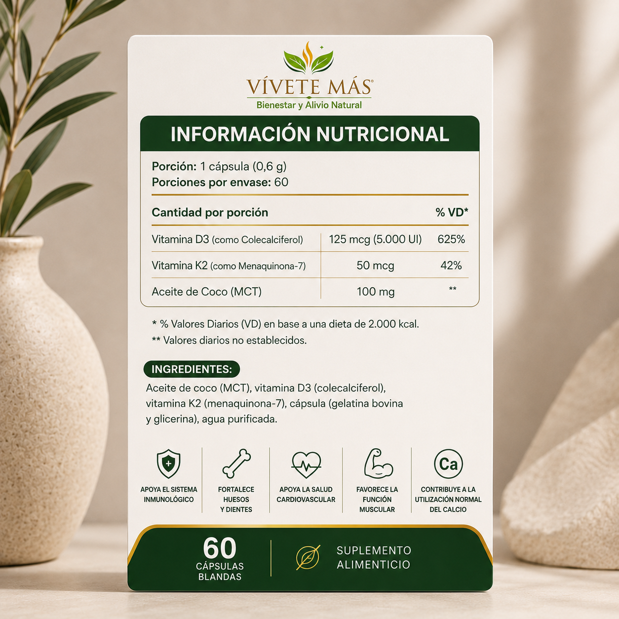 VITAMINA D3 + K2 CON ACEITE DE COCO 60 cápsulas