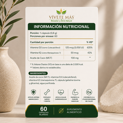VITAMINA D3 + K2 CON ACEITE DE COCO 60 cápsulas